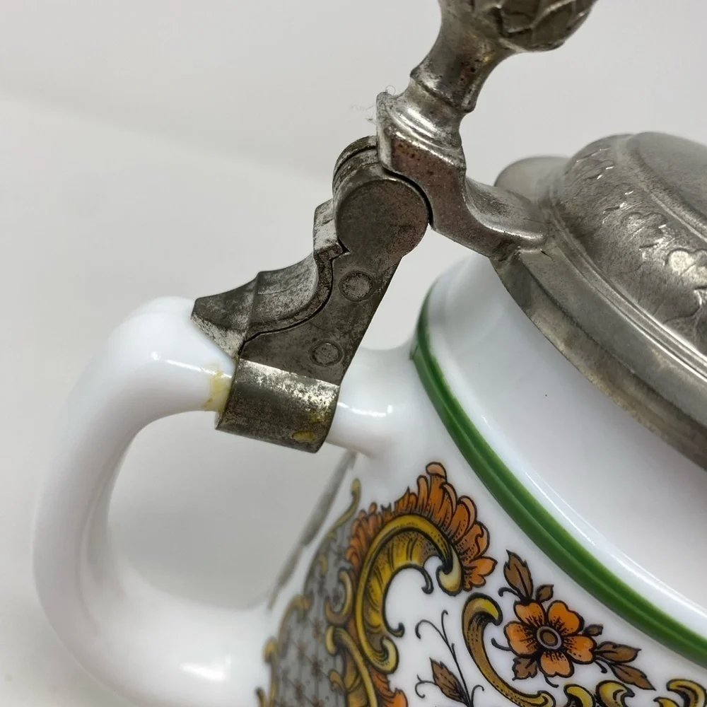 Vintage Western Germany BMF BierSeidel Milk Glass Beer Stein with Pewter Lid